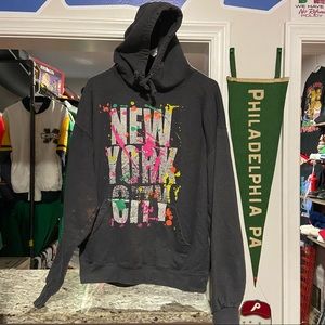 Vintage New York City Paint Splatter Spellout Pullover Hoodie